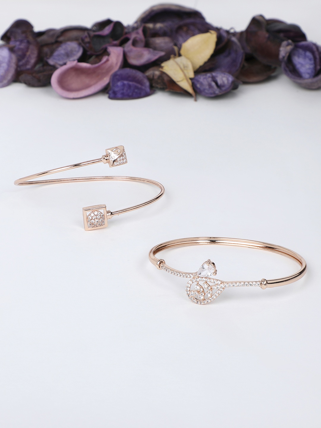 

Zaveri Pearls Women Set Of 2 Rose Gold & White Brass Cubic Zirconia Kada Bracelet