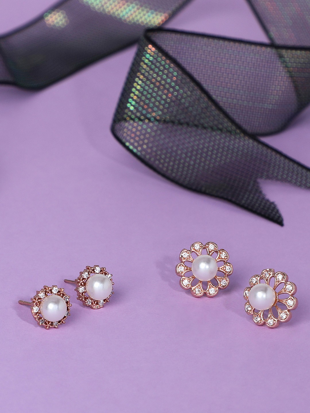 

Zaveri Pearls Set of 2 Gold-Plated Gold-Toned & White Contemporary Studs Earrings