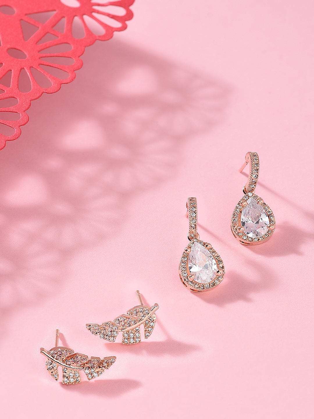 

Zaveri Pearls Set-2 Rose Gold Plated Contemporary Drop Earrings