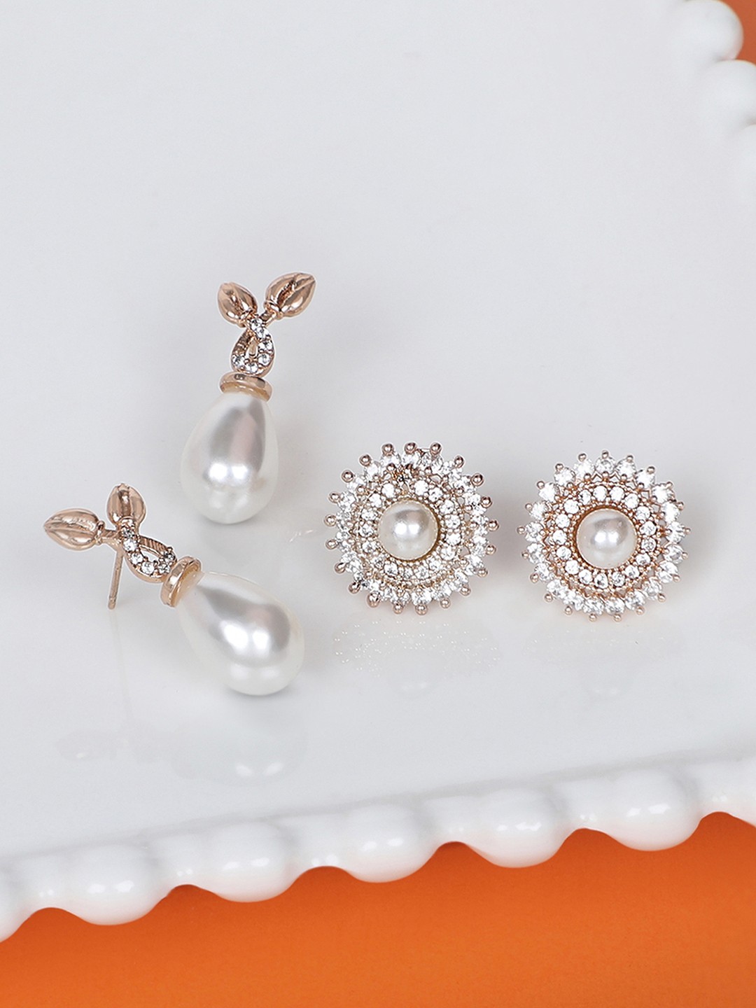

Zaveri Pearls Set of 2 Rose Gold-Plated Rose Gold & White Contemporary Drop Earrings