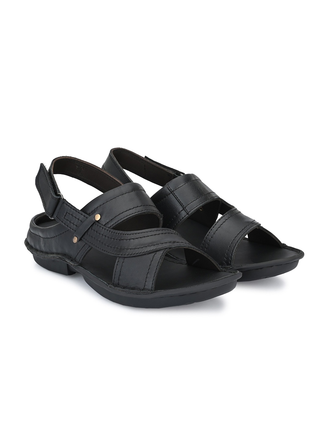 

SHENCES Men Black Leather Comfort Sandals