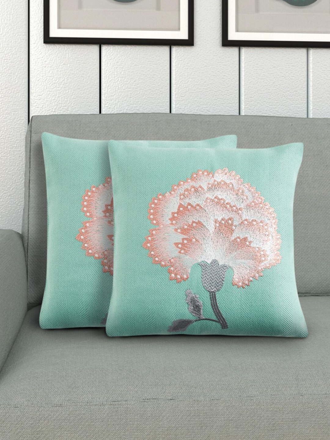 

Home Centre Set Of 2 Teal Embroidered Square Cushion Cover