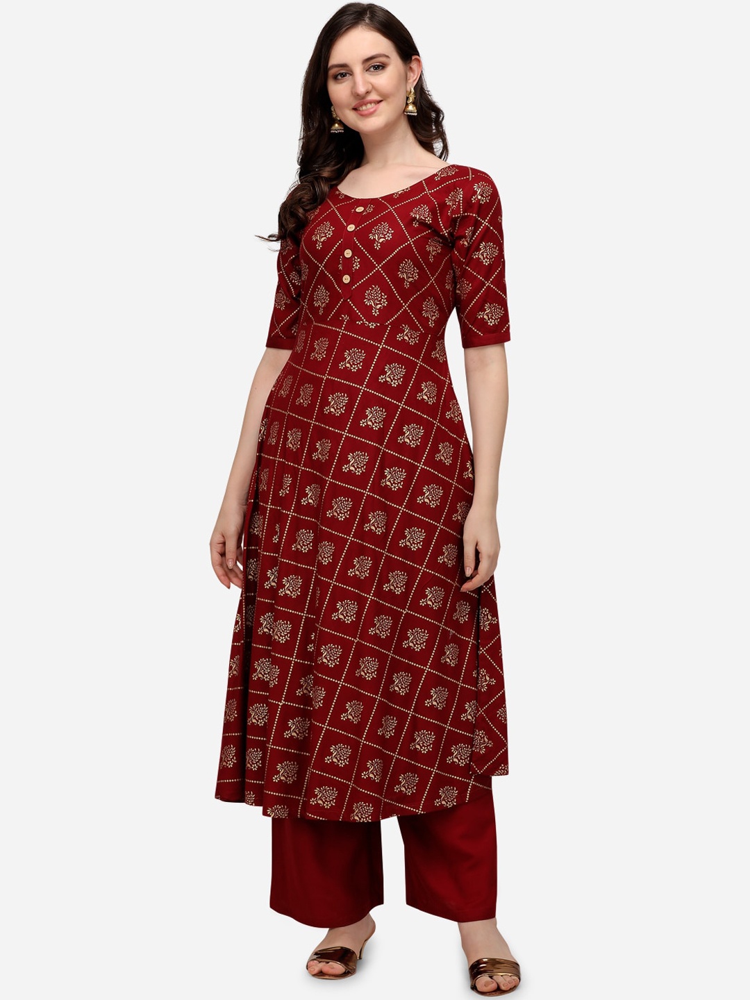 

SAADHVI Women Maroon & Gold-Coloured Ethnic Motifs Foil Printed Anarkali Kurta