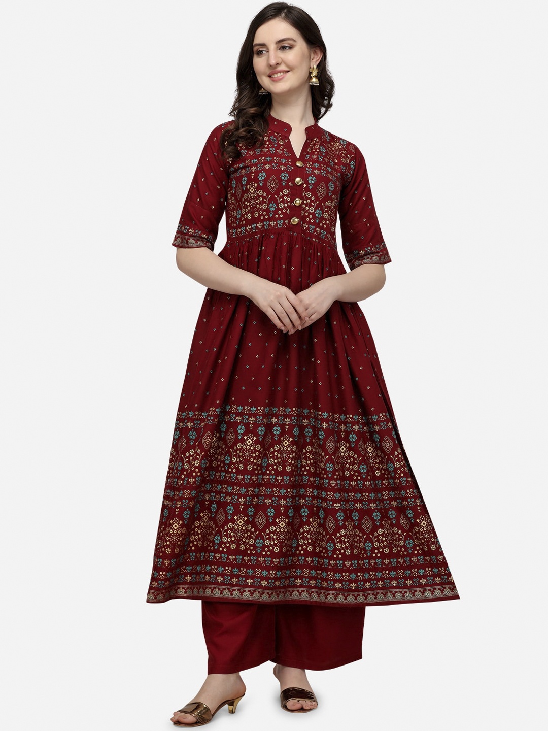 

SAADHVI Women Maroon & Gold-Coloured Ethnic Motifs Foil Printed Anarkali Kurta