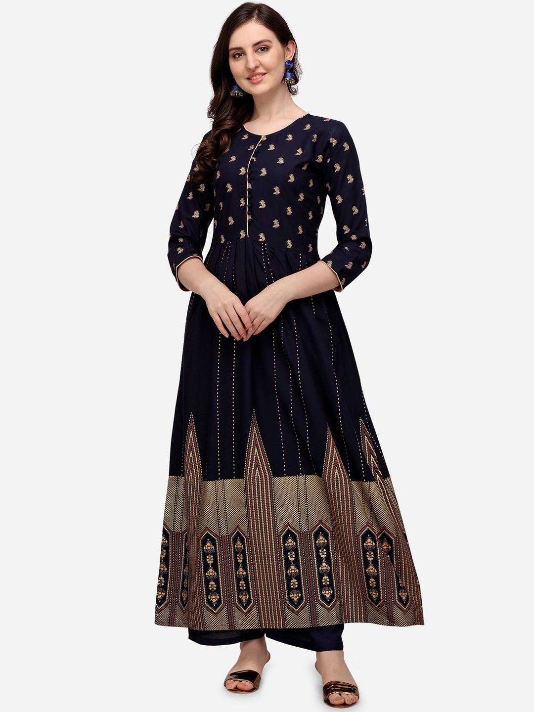 

SAADHVI Women Navy Blue & Gold-Coloured Ethnic Motifs Foil Printed Anarkali Kurta