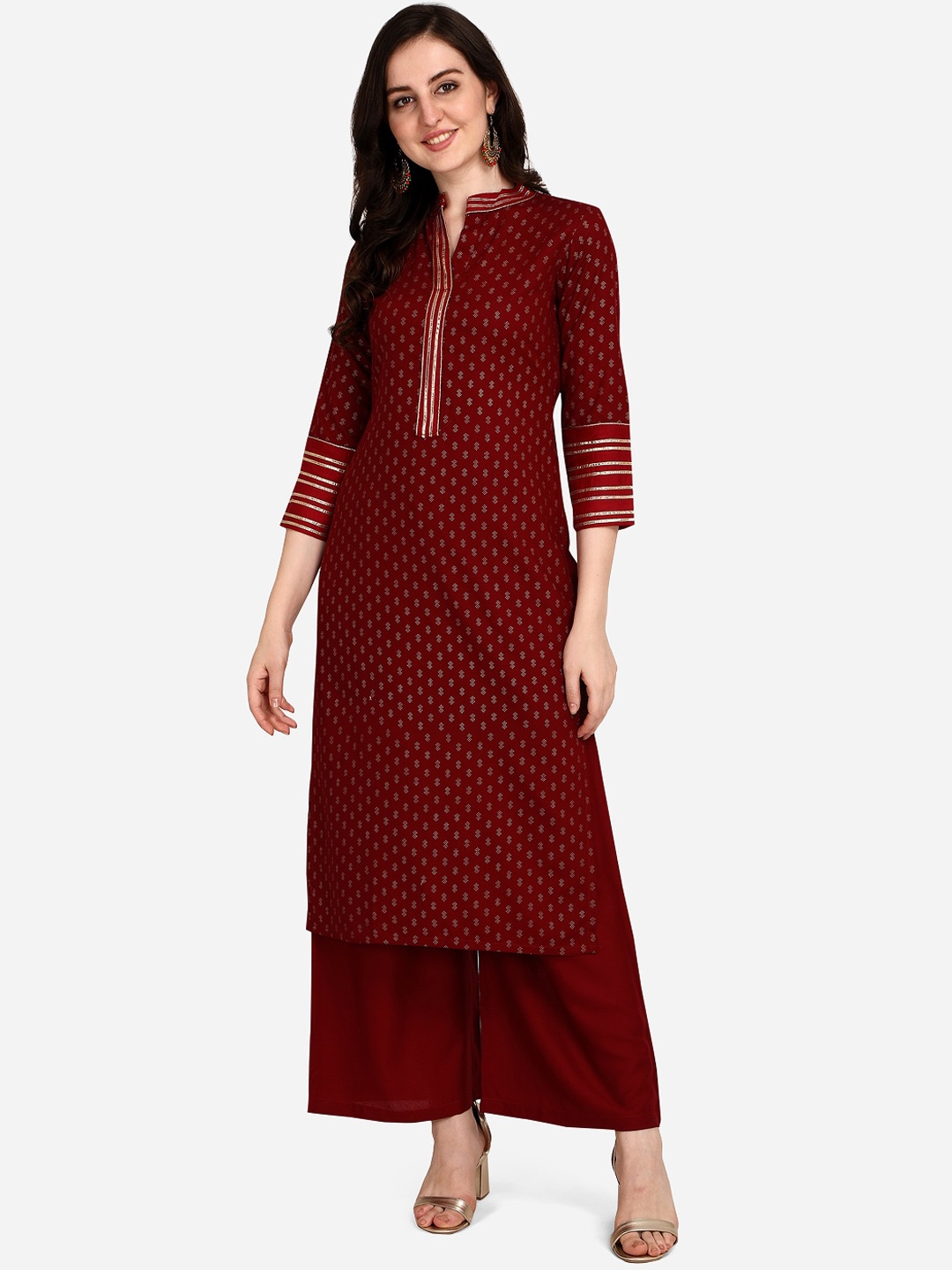 

SAADHVI Women Maroon & Gold-Coloured Ethnic Motifs Foil Printed Gotta Patti Kurta