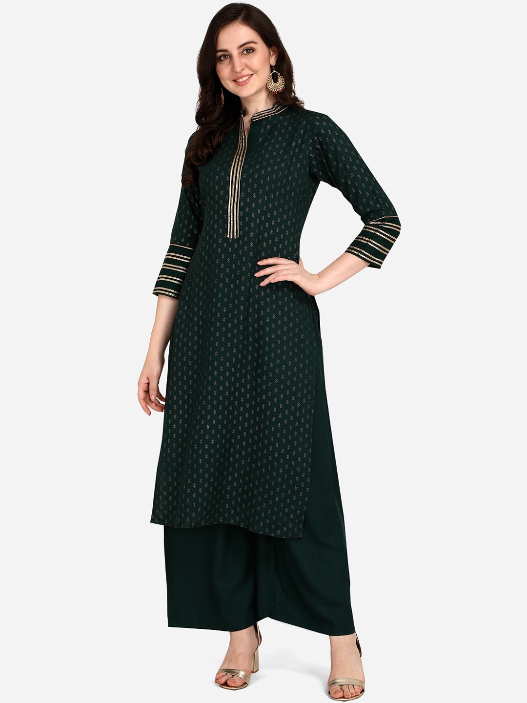 

SAADHVI Women Green & Gold-Toned Ethnic Motifs Printed Kurta