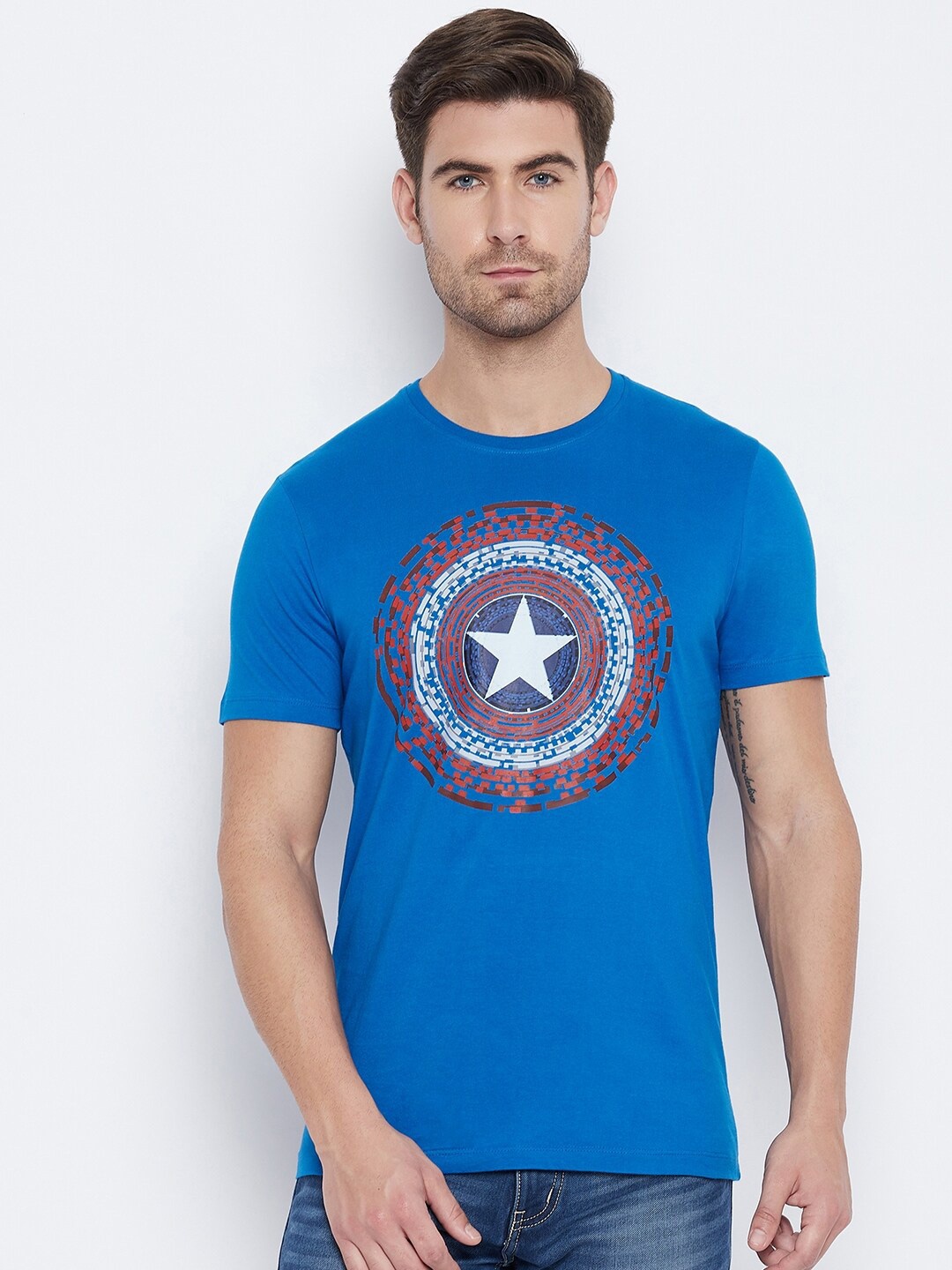 

Marvel by Wear Your Mind Men Blue White Captain America Printed Cotton Pure Cotton T-shirt