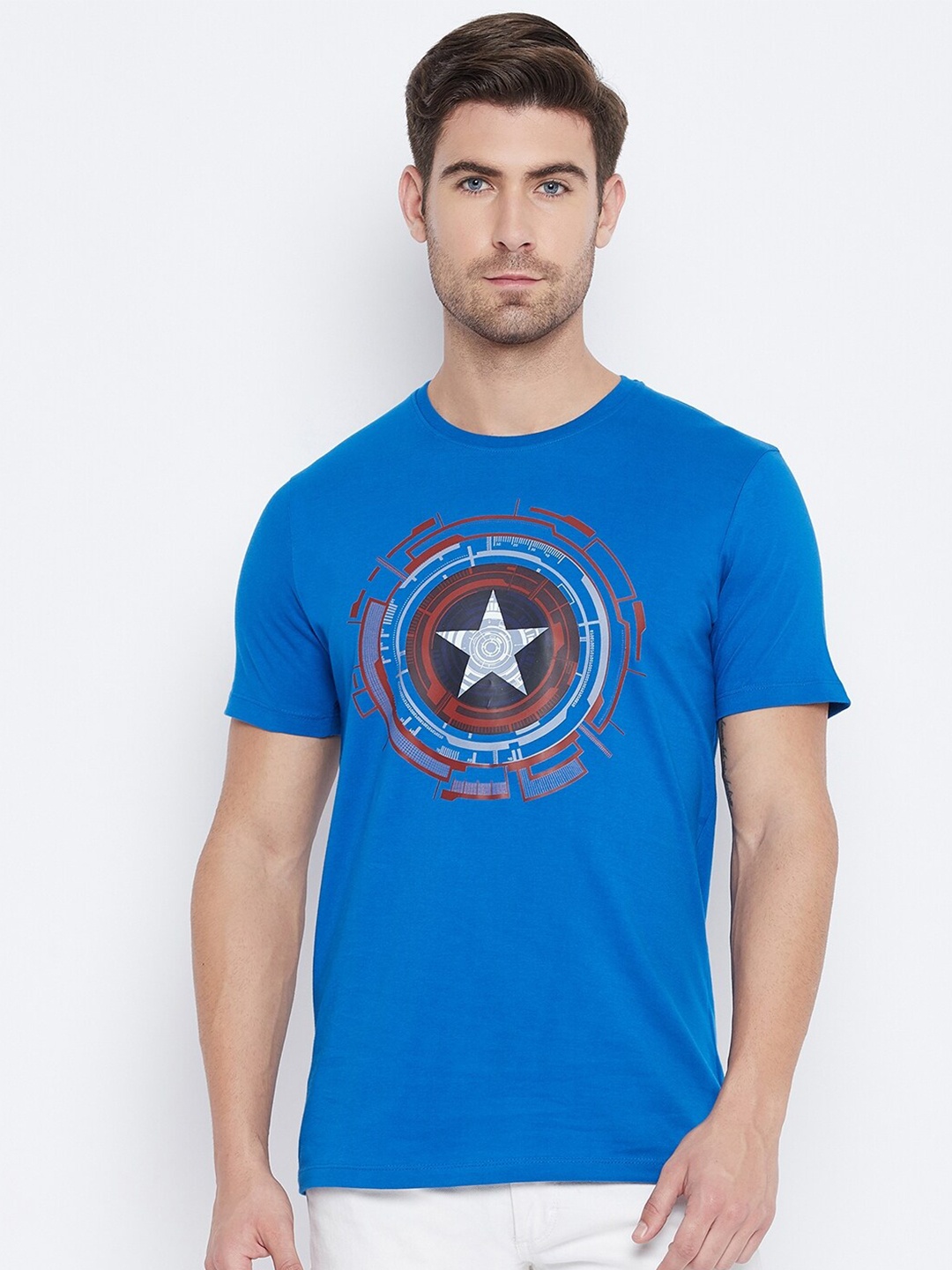 

Marvel by Wear Your Mind Men Blue White Captain America Printed Cotton Pure Cotton T-shirt