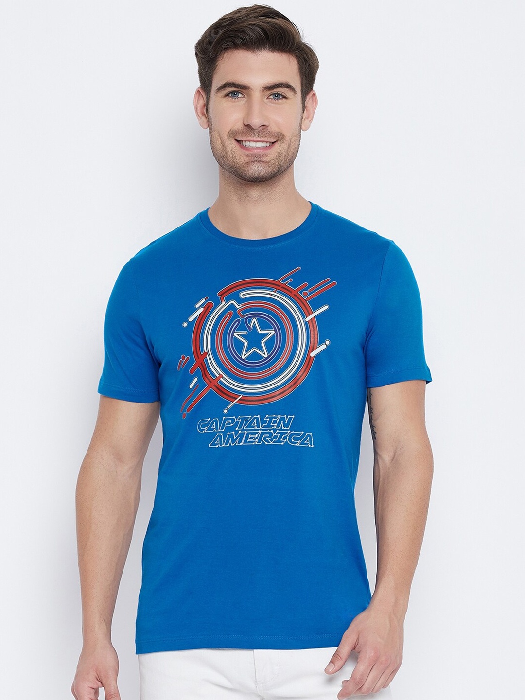 

Marvel by Wear Your Mind Men Blue Red Captain America Printed Cotton Pure Cotton T-shirt