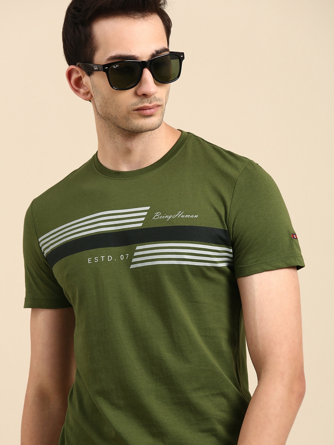 

Being Human Men Olive Green Off-White Striped Pure Cotton T-shirt