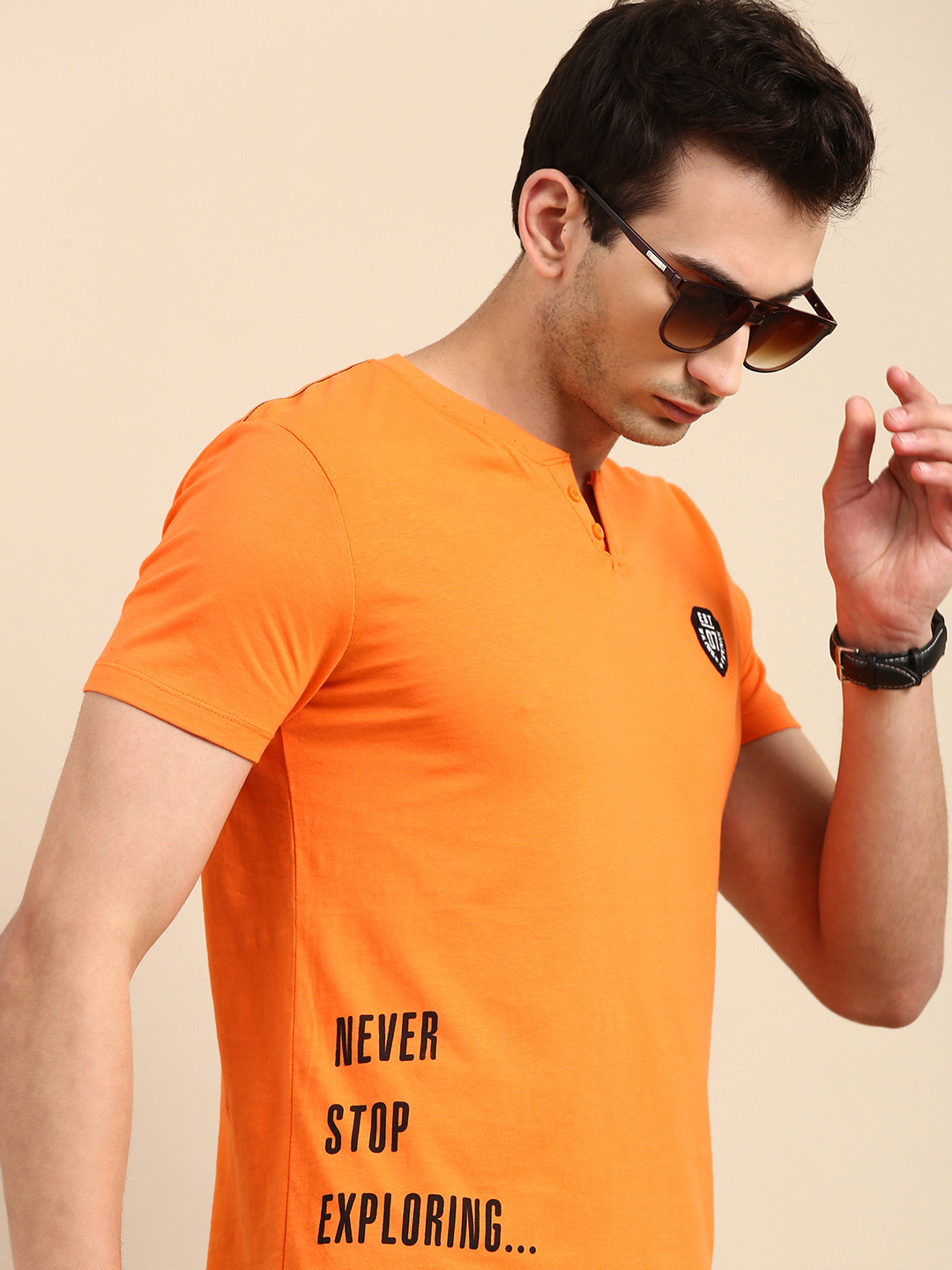 

Being Human Clothing Men Orange Typography Printed Henley Neck Pure Cotton T-shirt