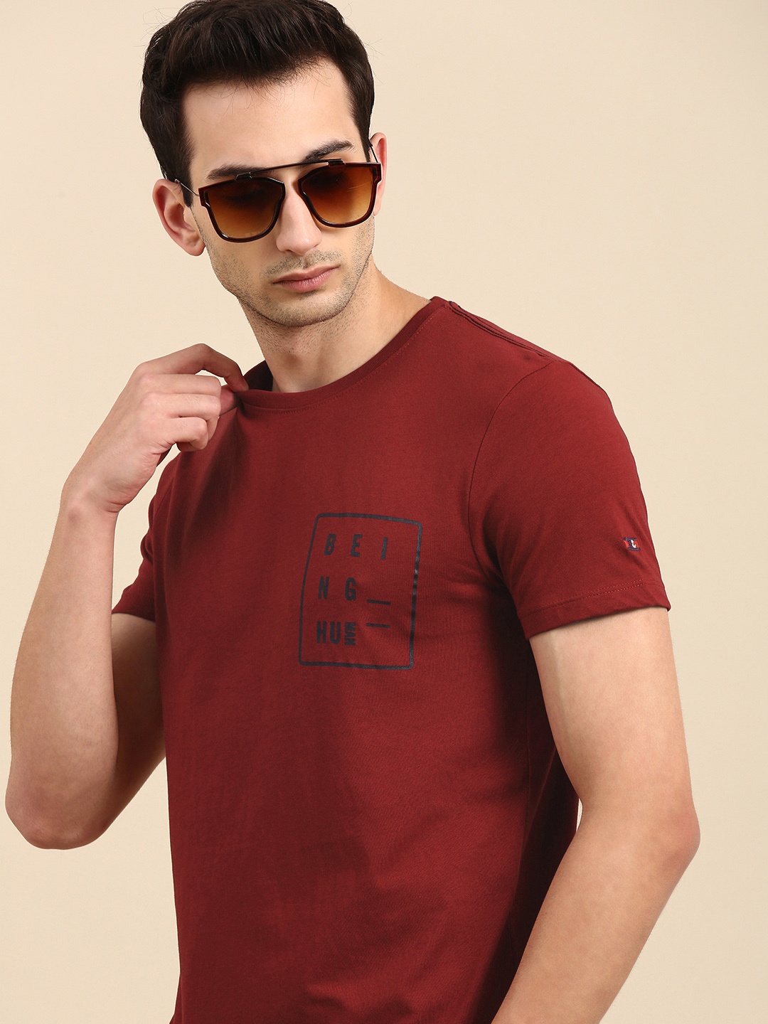 

Being Human Men Burgundy Black Printed Pure Cotton T-shirt