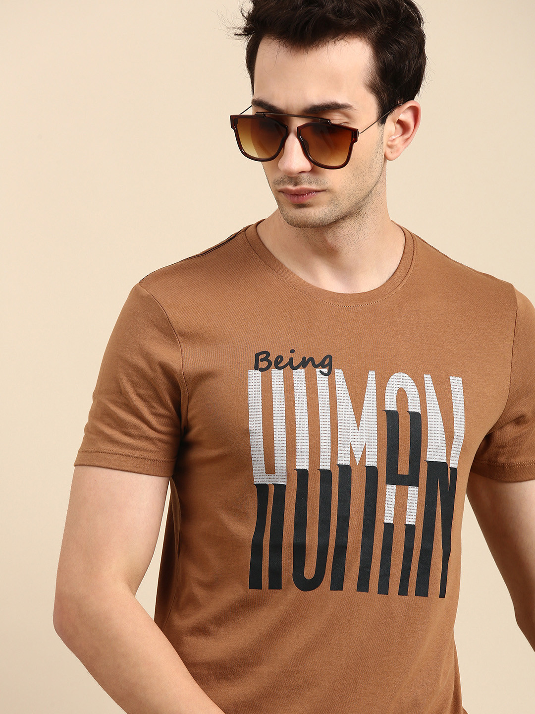 

Being Human Men Brown Black Brand Logo Printed Round Neck Pure Cotton T-shirt