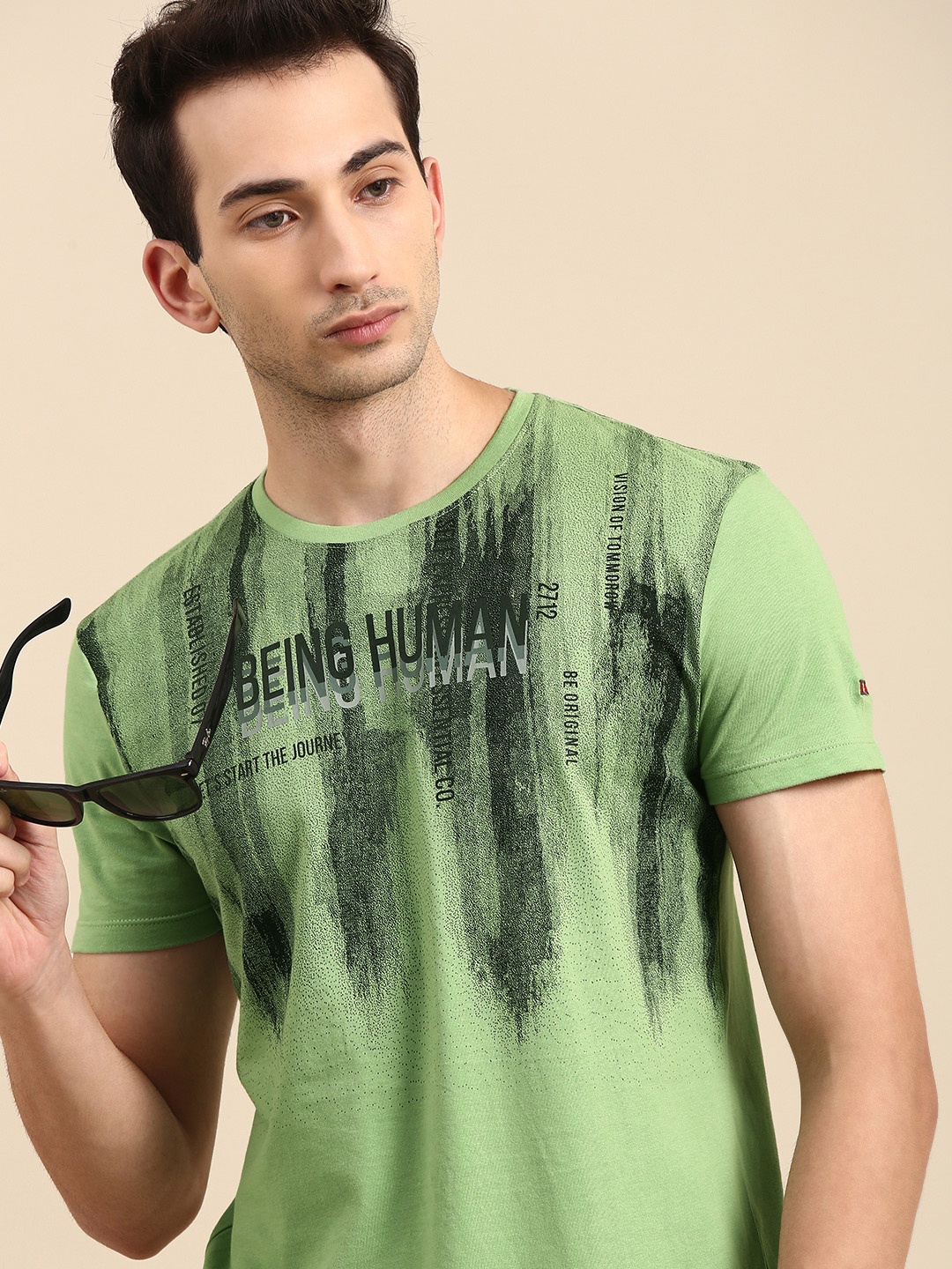 

Being Human Men Green Brand Logo Printed Pure Cotton T-shirt