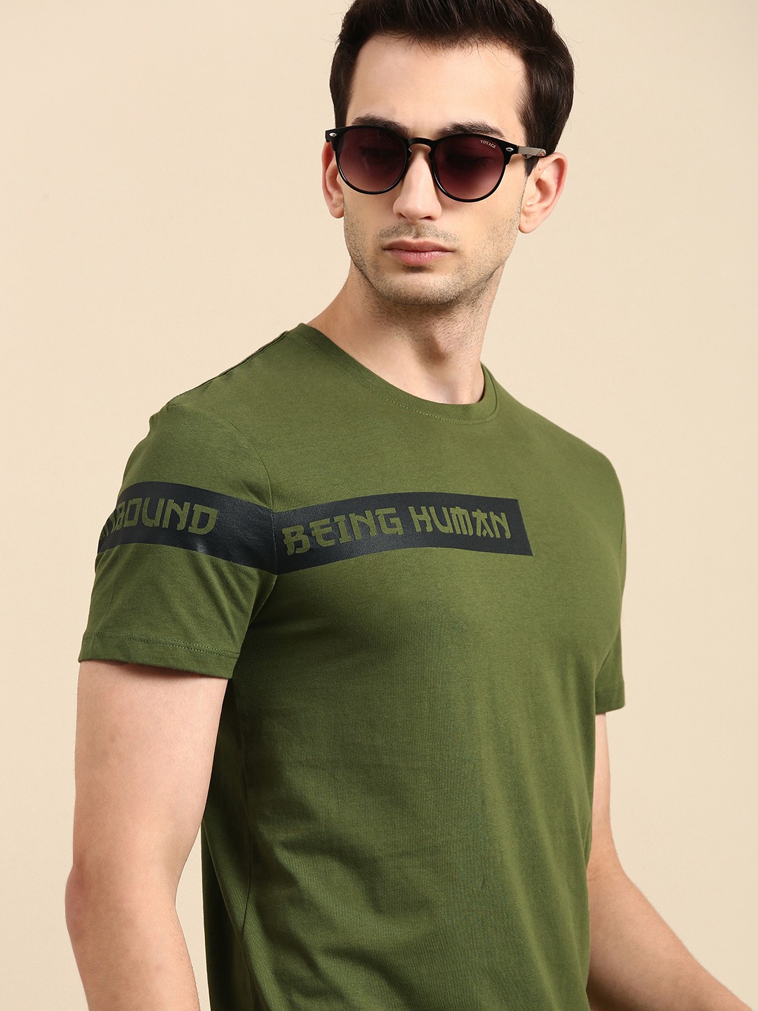 

Being Human Men Olive Green Black Typography Printed Pure Cotton T-shirt