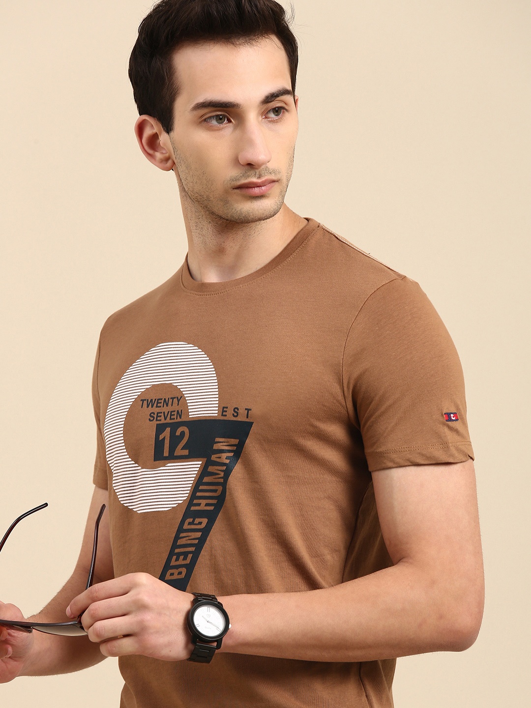 

Being Human Men Brown Black Typography Printed Round Neck Pure Cotton T-shirt