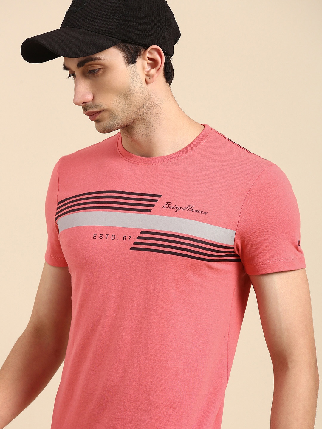 

Being Human Men Coral Black Striped Round Neck Pure Cotton T-shirt