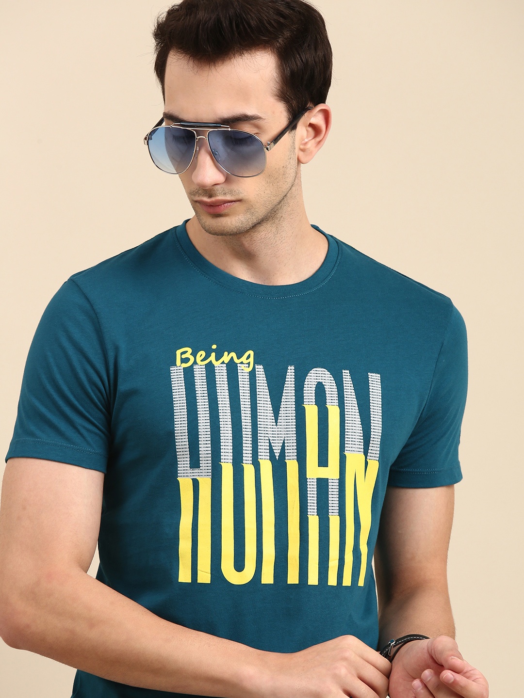 

Being Human Men Teal Blue Brand Logo Printed Pure Cotton T-shirt