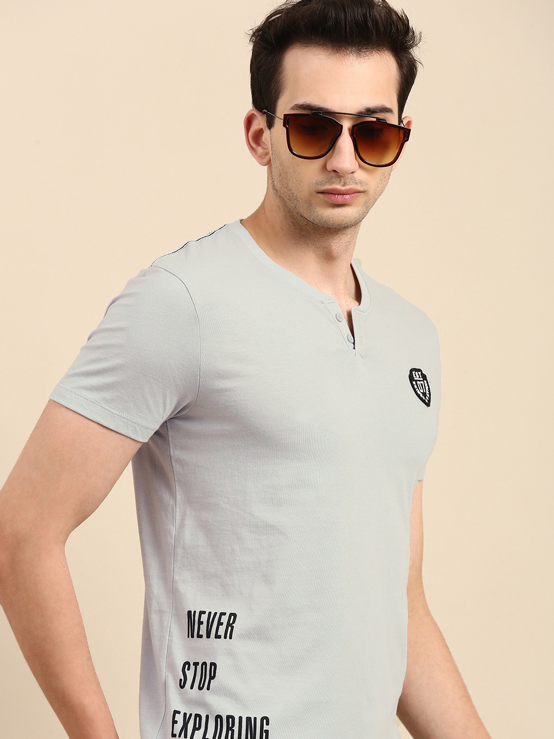 

Being Human Men Grey Black Typography Printed Henley Neck Pure Cotton T-shirt