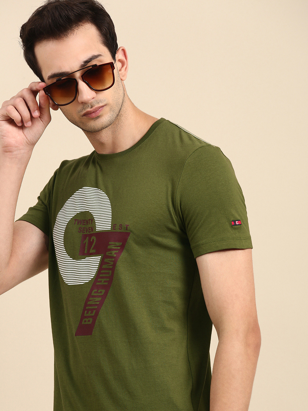 

Being Human Clothing Men Olive Green Brand Logo Printed Pure Cotton T-shirt