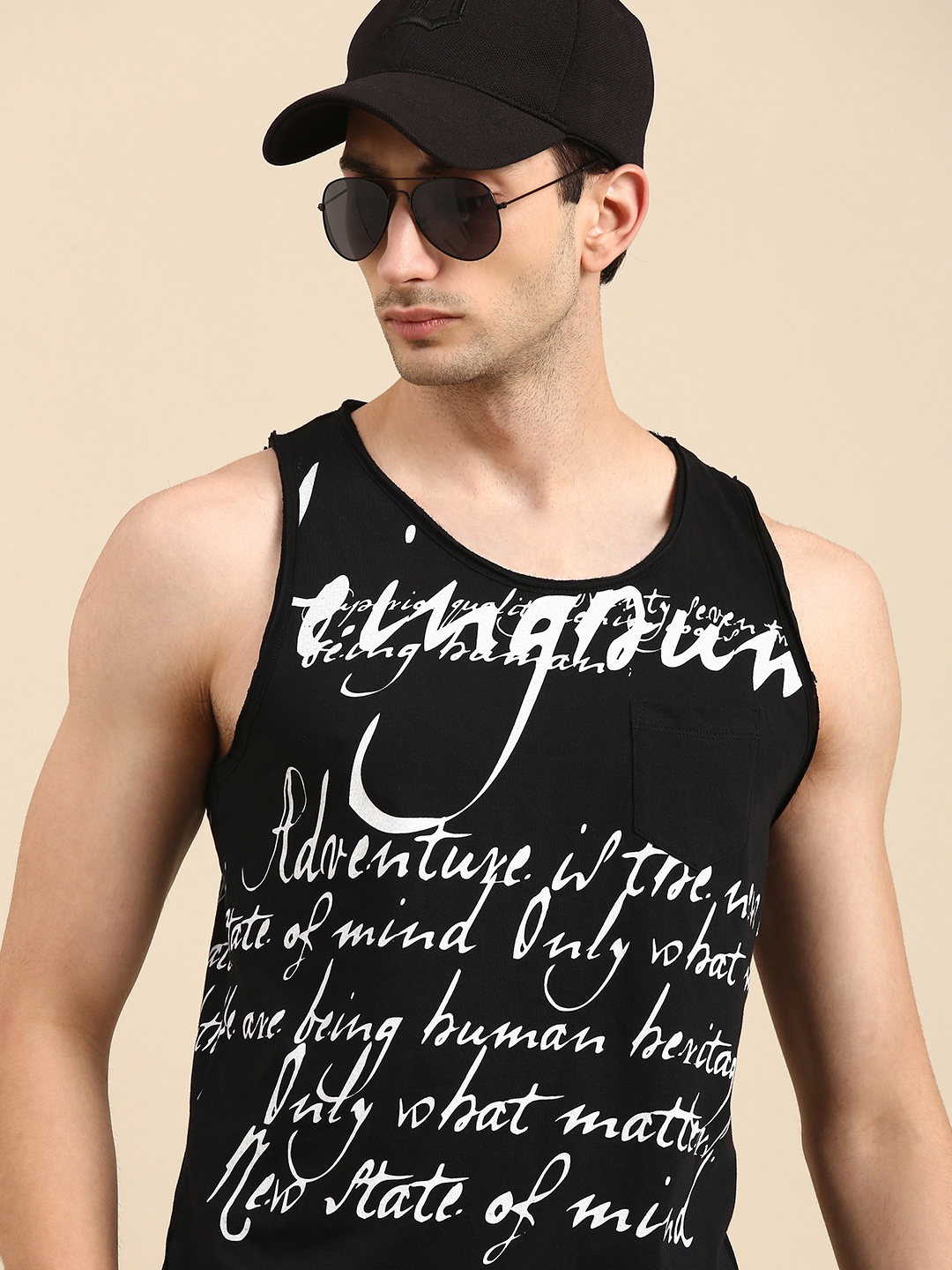 

Being Human Men Black White Typography Printed Sleeveless Pure Cotton T-shirt