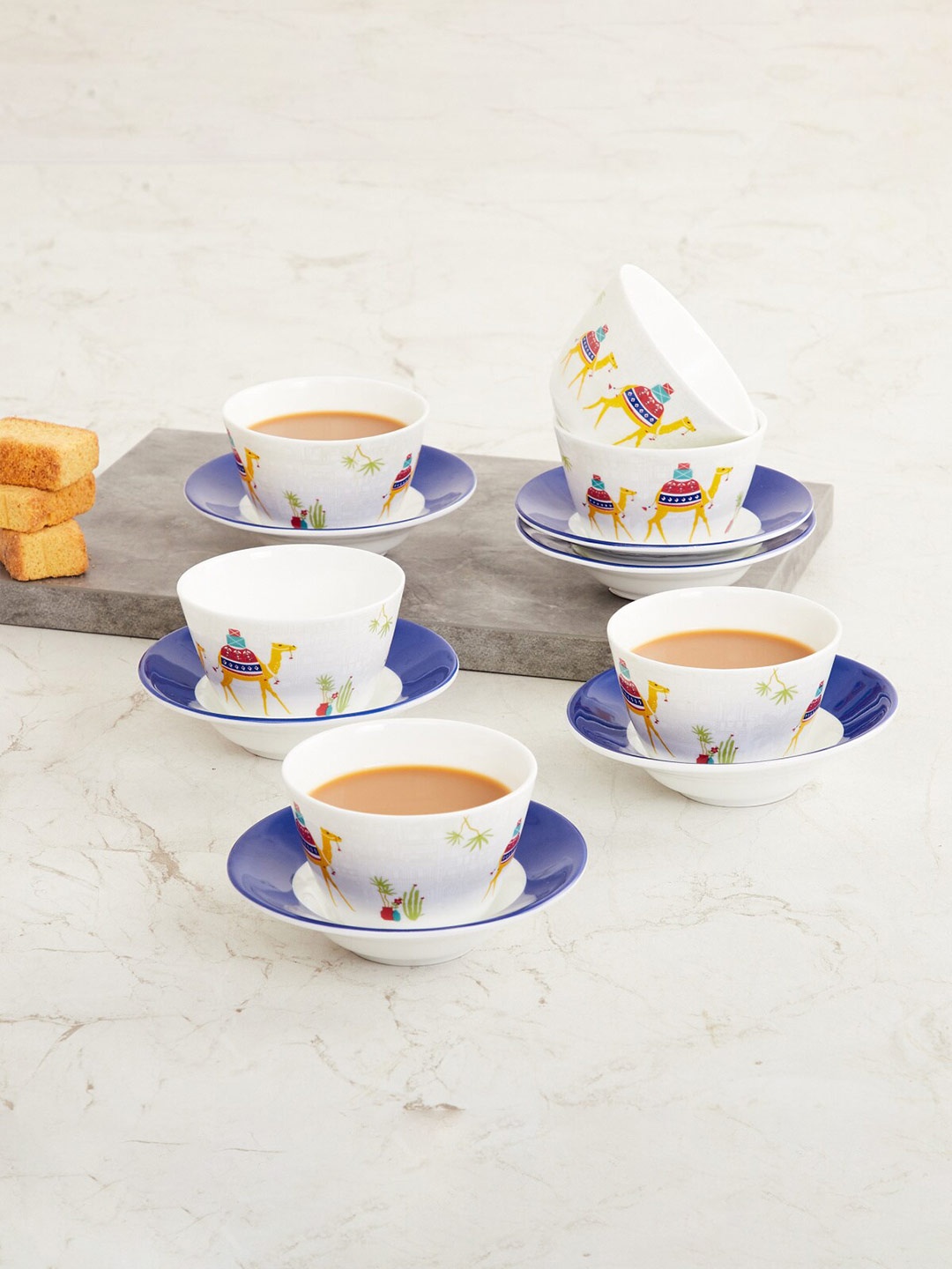 

Home Centre Set of 6 Moroccan Blue Printed Bone China Kawa Cup and Saucers