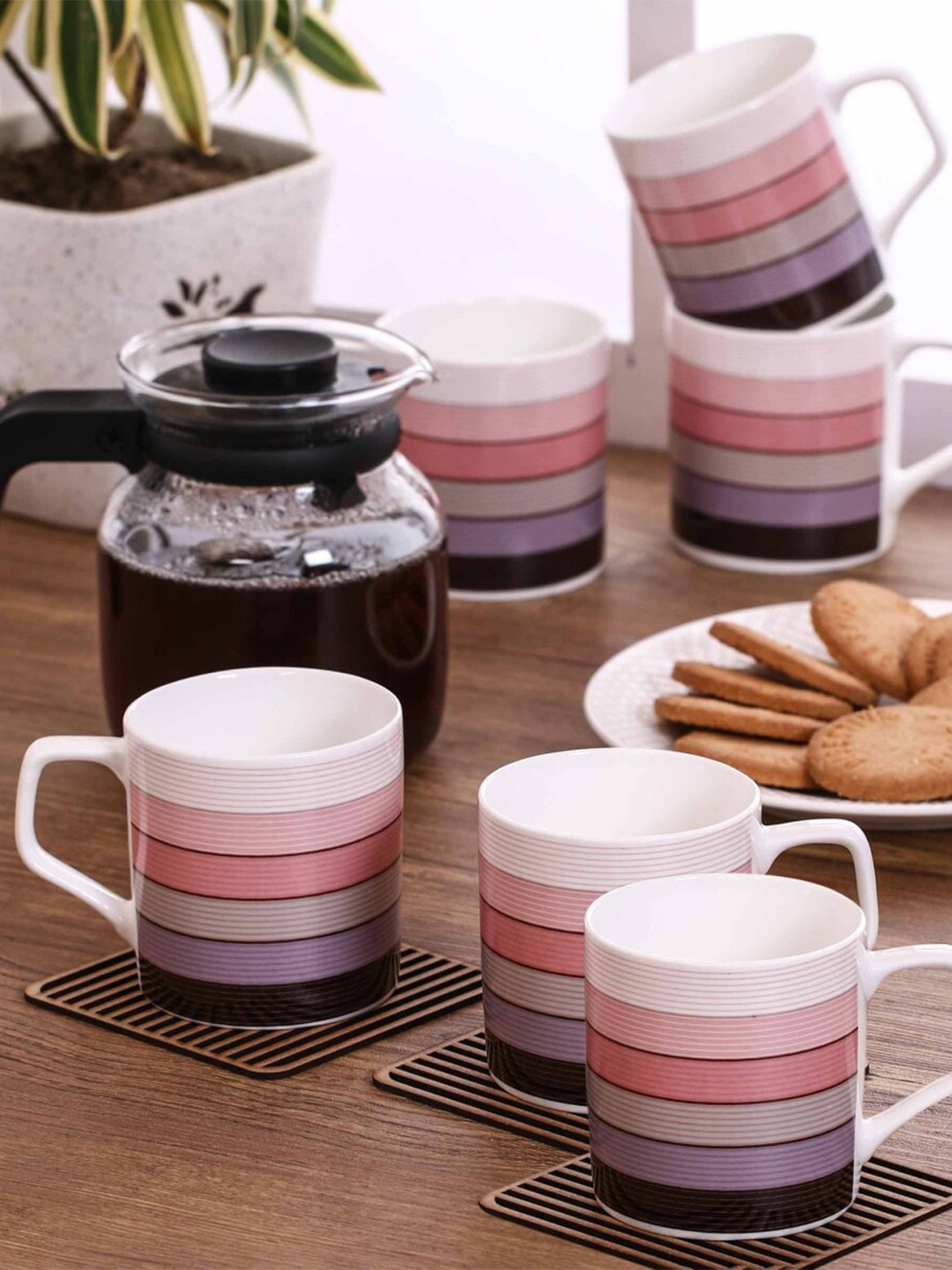 

Home Centre Set of 6 Multicolor Printed Bone China Coffee Mugs, Multi