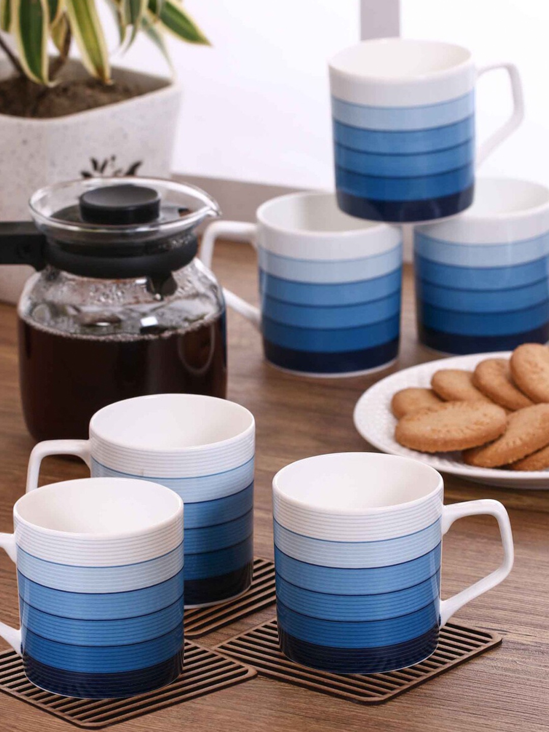 

Home Centre Set of 6 Blue Printed Coffee Mugs