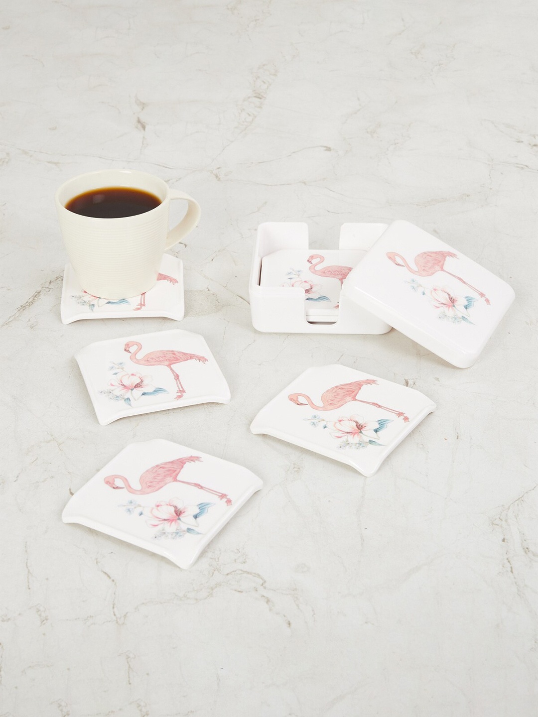 

Home Centre Set of 6 White Melamine Printed Coaster with Box