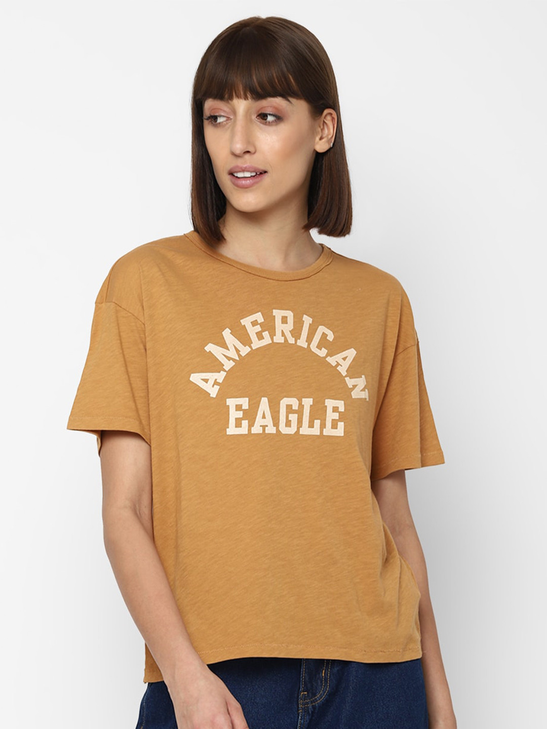

AMERICAN EAGLE OUTFITTERS Women Brown & White Brand Logo Printed T-shirt