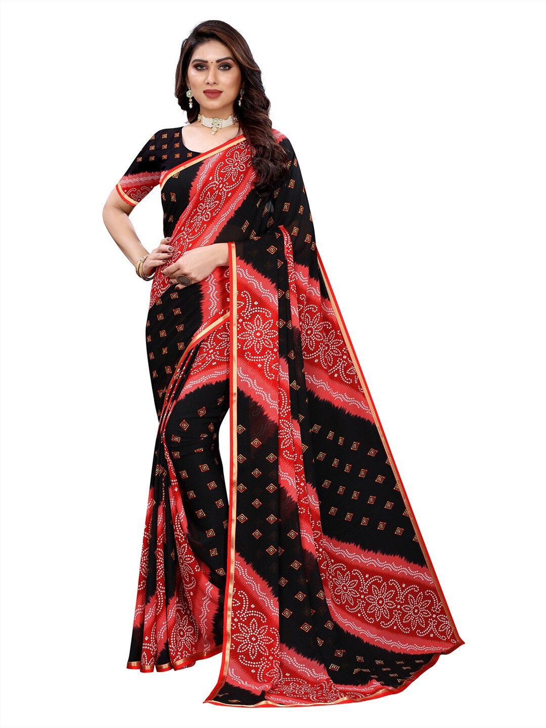 

KALINI Red & Black Bandhani Saree