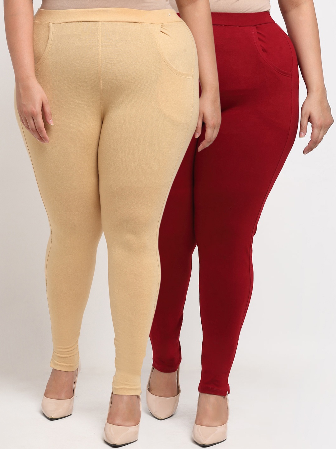 

TAG 7 PLUS Beige & Maroon Set of 2 Solid Leggings