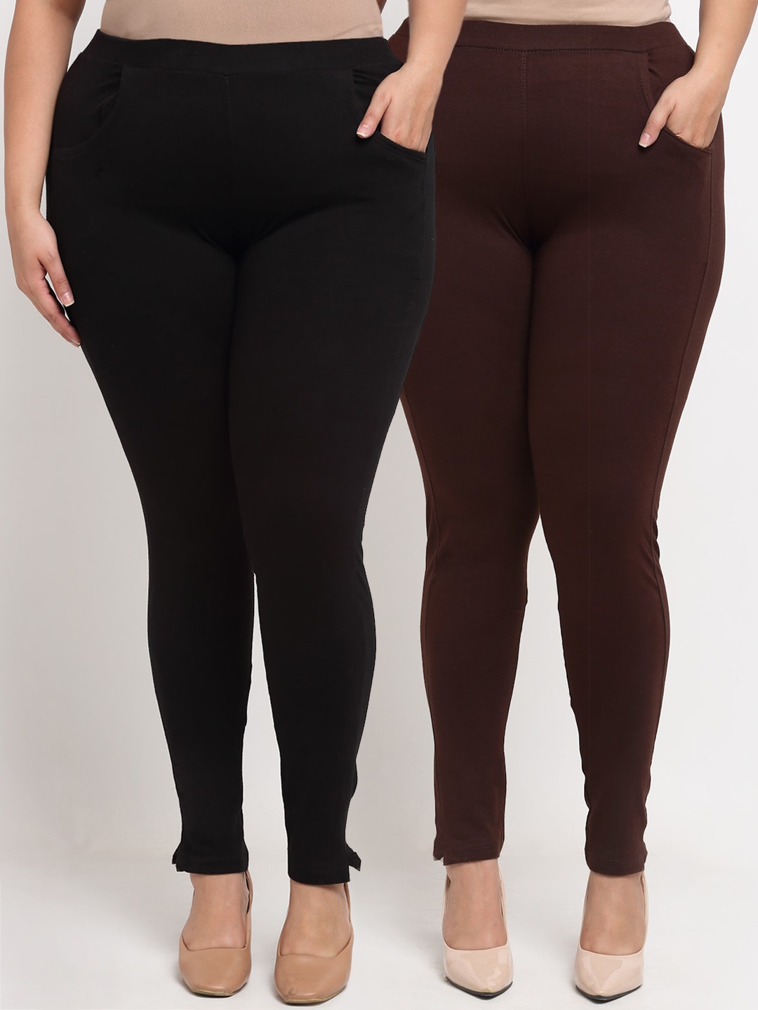 

KLOTTHE Women Plus Size Pack of 2 Black & Brown Solid Leggings