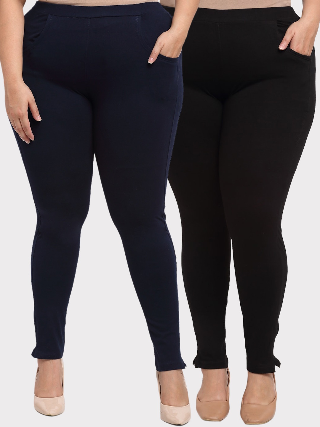 

TAG 7 PLUS Women Pack of 2 Plus Size Navy Blue & Black Solid Kurti Pants