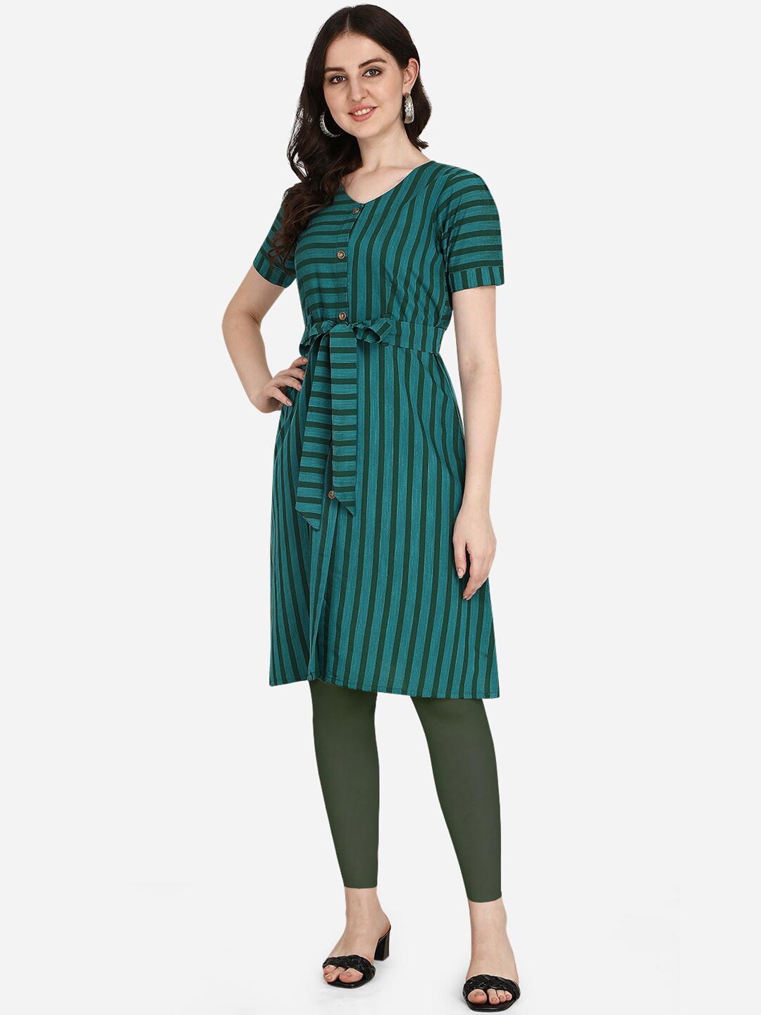 

OM SAI LATEST CREATION Women Teal & Green Striped V-Neck Pure Cotton Kurti