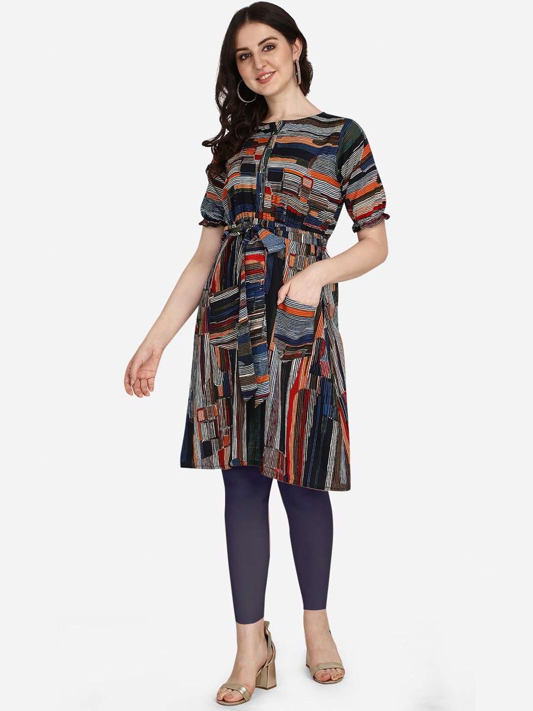 

OM SAI LATEST CREATION Women Multicoloured Striped Round Neck A-line Kurti, Multi