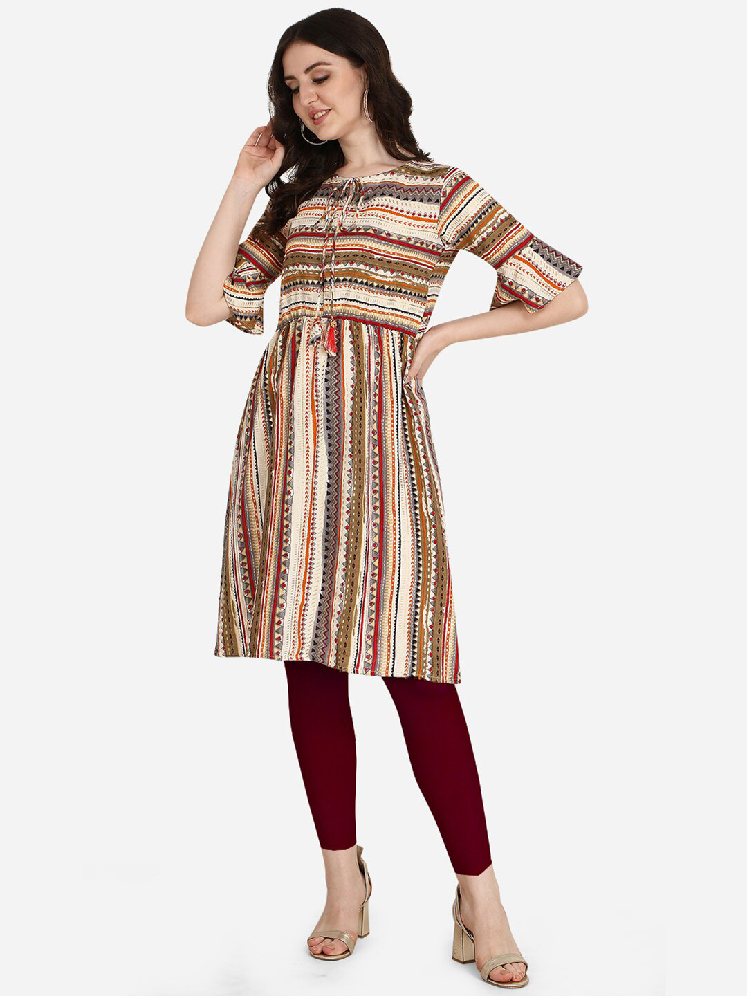 

OM SAI LATEST CREATION Women Beige & Orange Geometric Printed Flared Sleeves A-line Kurti