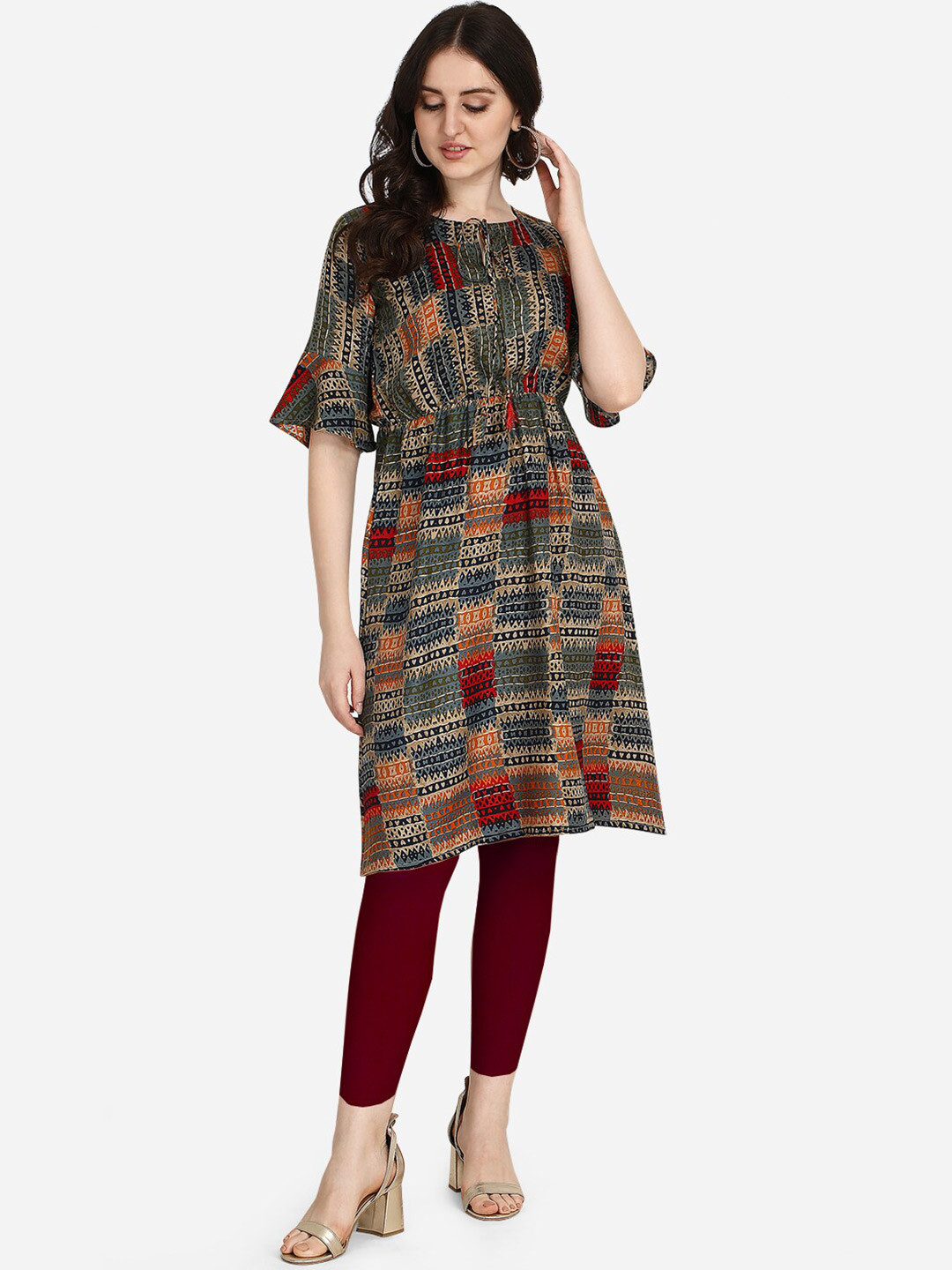 

OM SAI LATEST CREATION Women Grey & Red Geometric Printed Round Neck Anarkali Kurti
