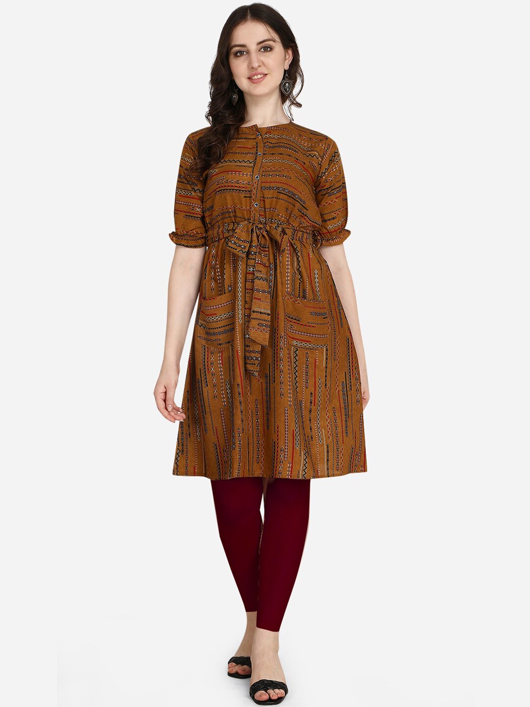 

OM SAI LATEST CREATION Women Brown & Black Ethnic Motifs Printed Round Neck Anarkali Kurti