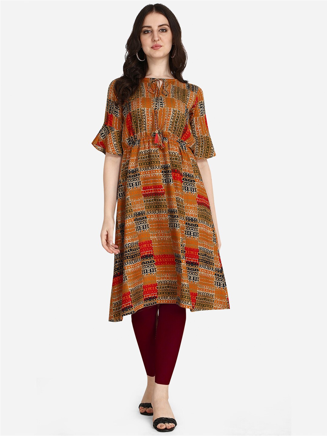 

OM SAI LATEST CREATION Women Orange & Black Ethnic Motifs Printed Empire Kurti
