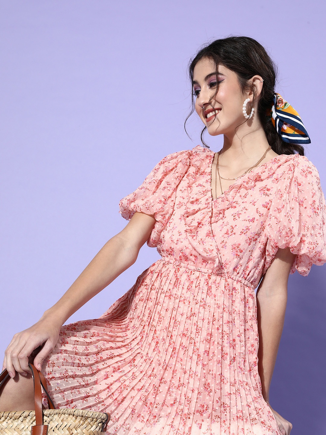 

Antheaa Pretty Pink Floral Pleated Dress