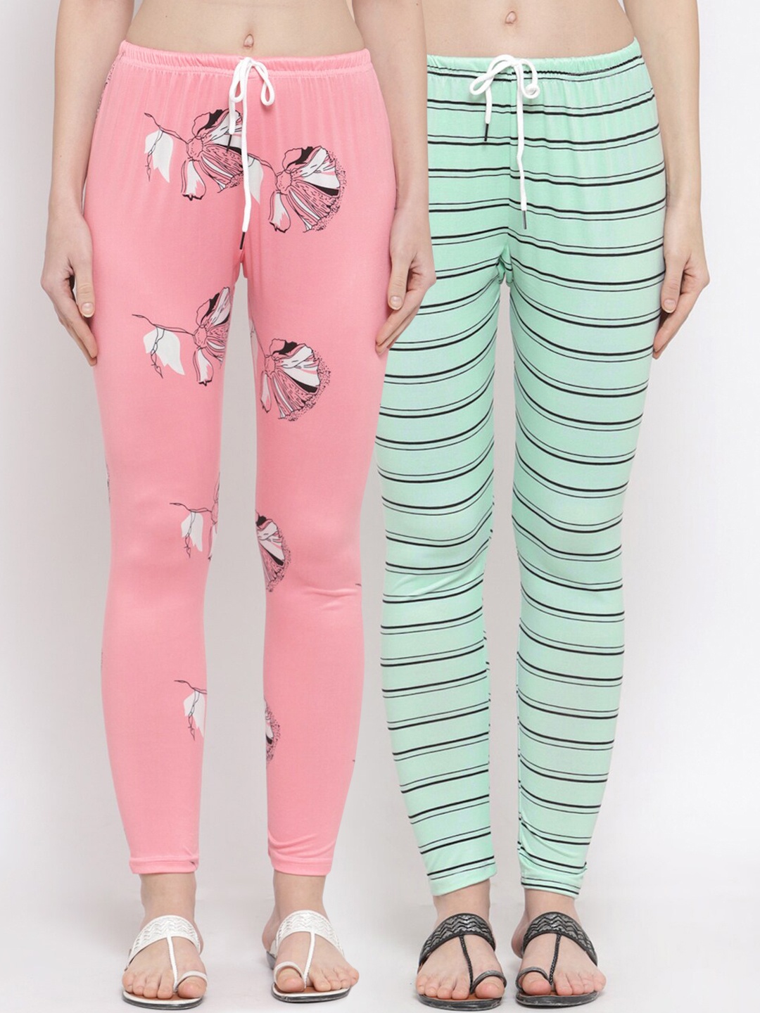 

Klotthe Women Pink & Green Pack of 2 Printed Leggings