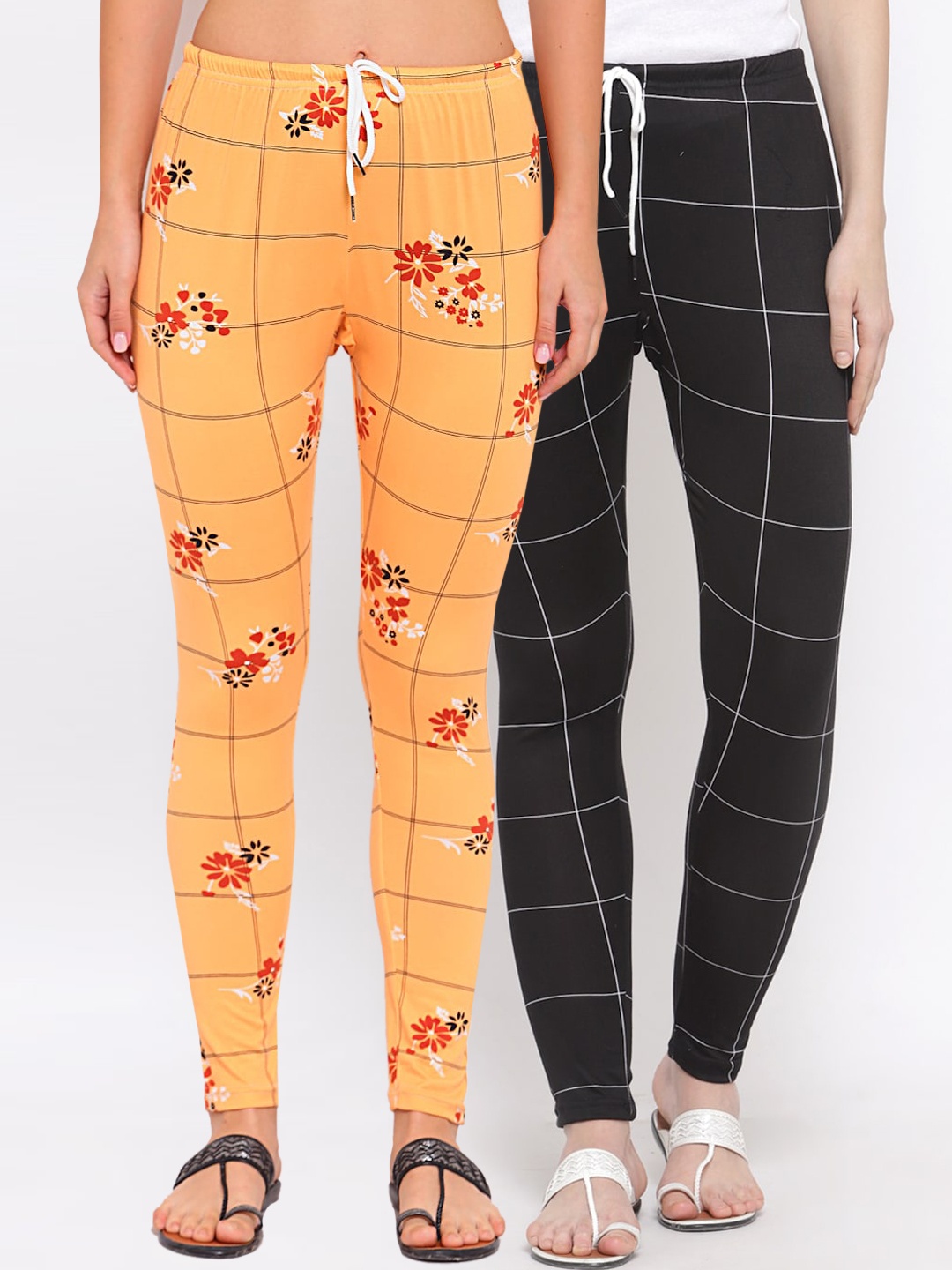 

KLOTTHE Women Pack of 2 Black & Orange Printed Leggings