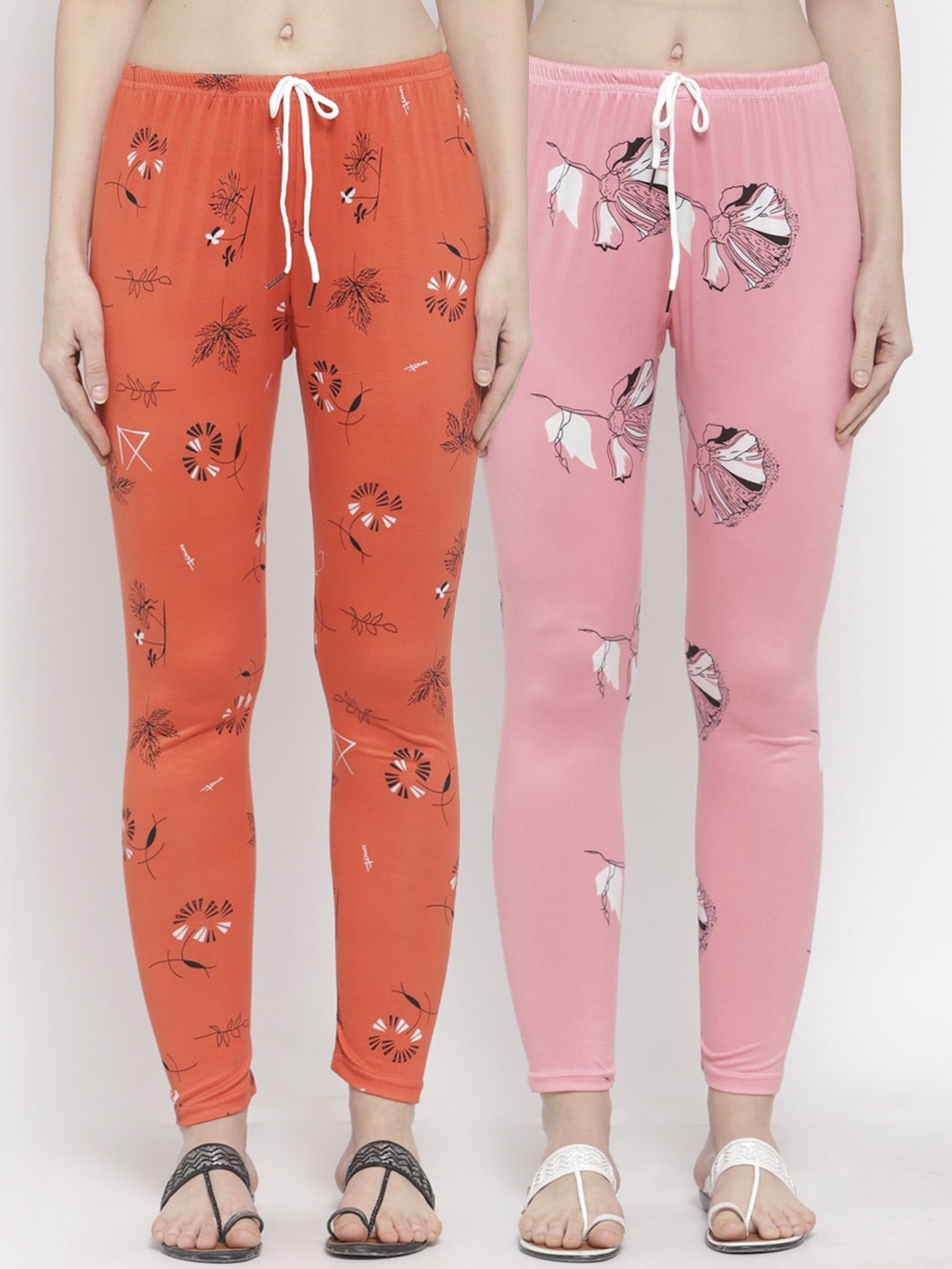 

KLOTTHE Women Pack of 2 Orange & Pink Printed Leggings