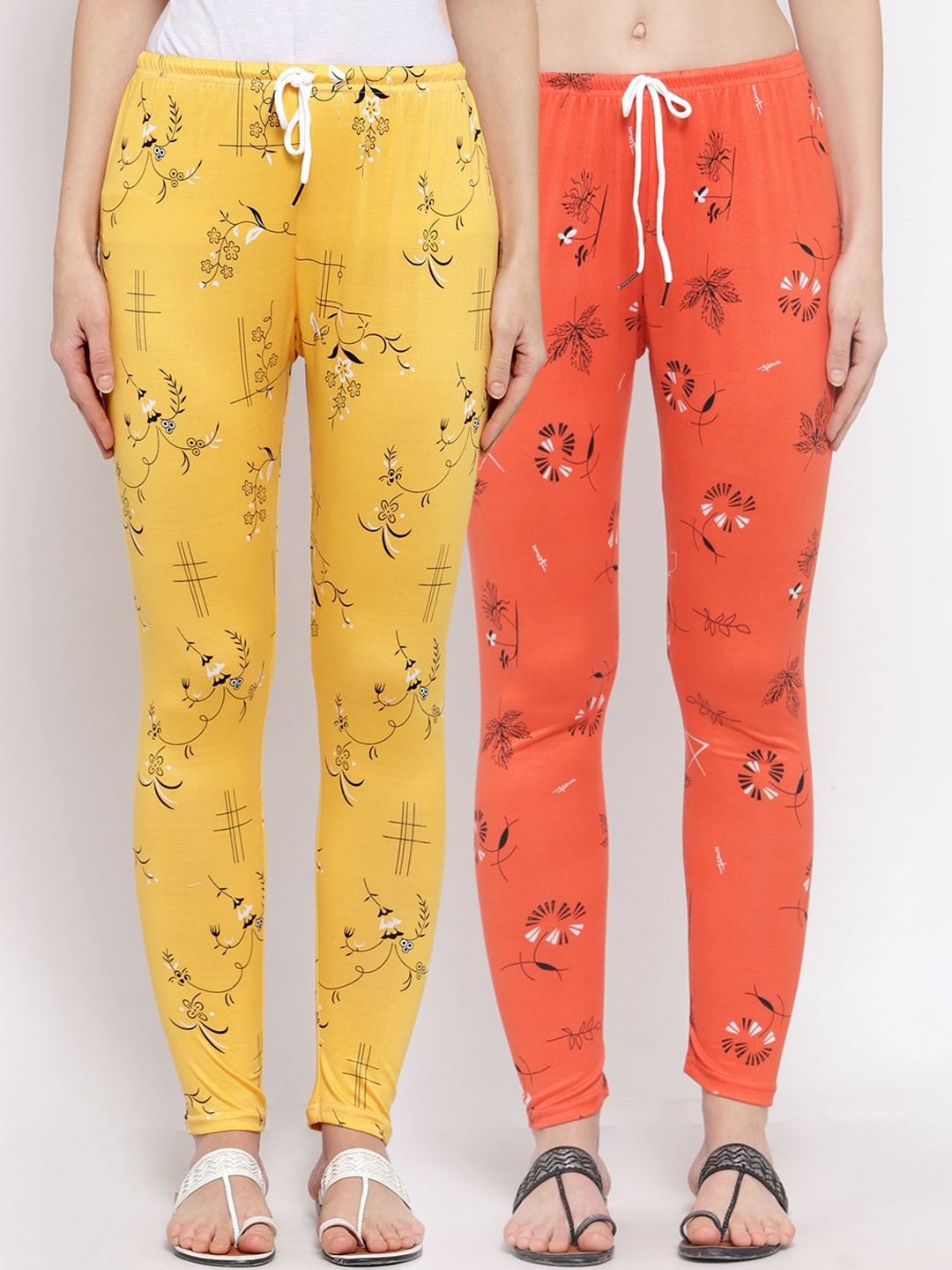 

KLOTTHE Women Pack of 2 Orange & Yellow Printed Leggings