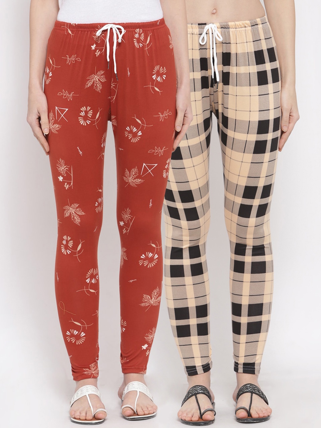

KLOTTHE Women Pack of 2 Red & Beige Printed Leggings