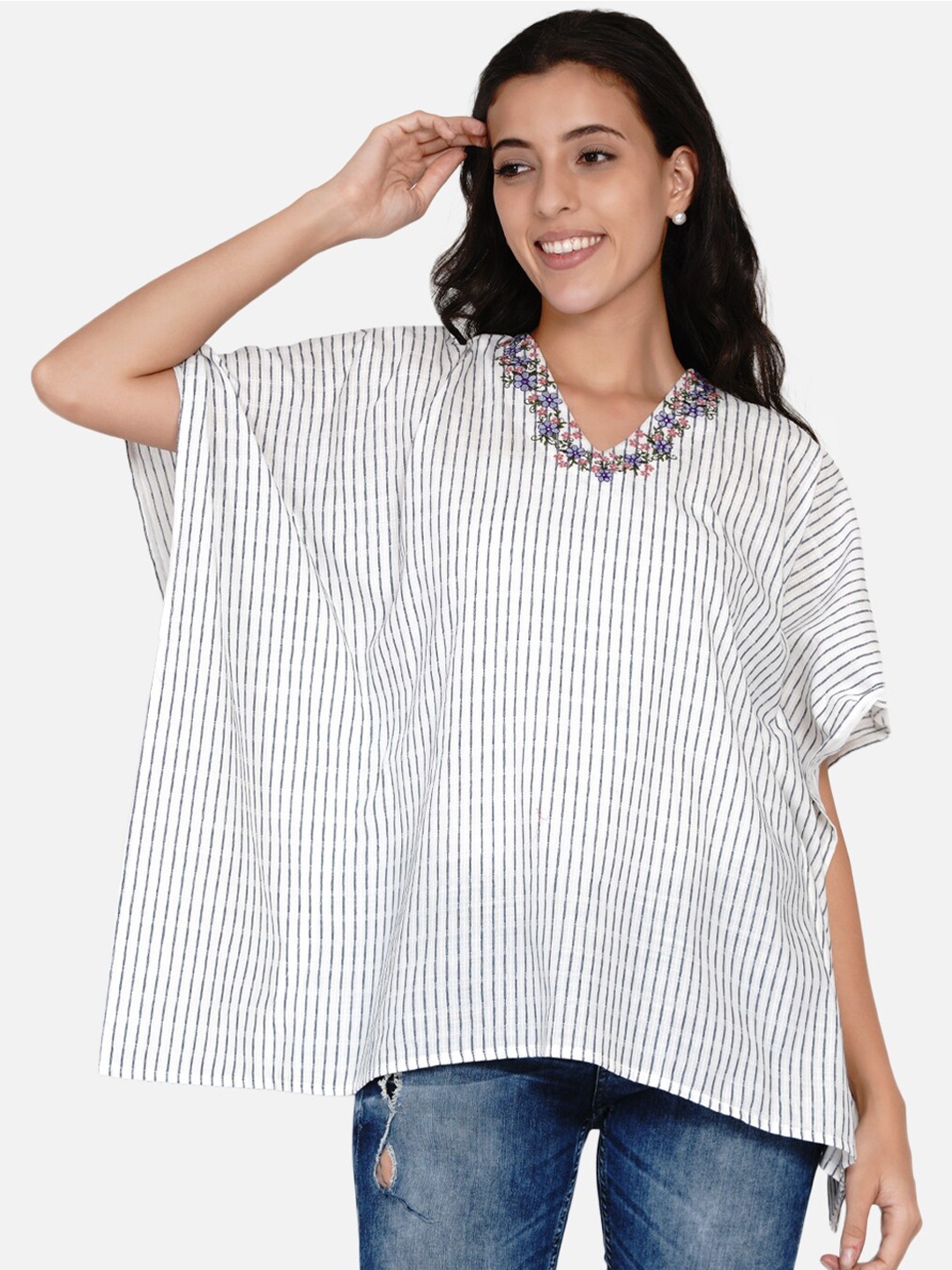 

The Kaftan Company White and Black Striped Embroidered Pure Cotton Kaftan Top
