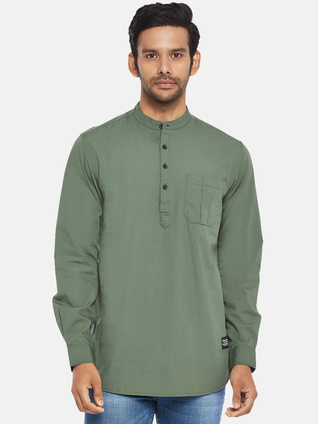 

People Men Olive Green Slim Fit Pure Cotton Opaque Casual Shirt