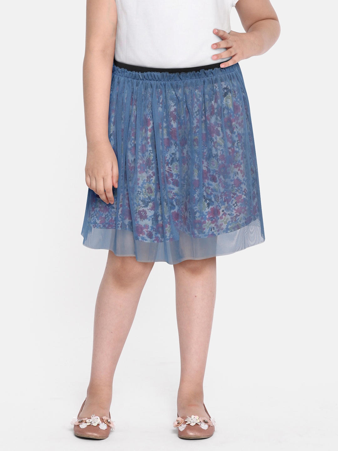 

luyk Girls Blue & White Floral Print Layered Net Pure Cotton A-Line Skirt